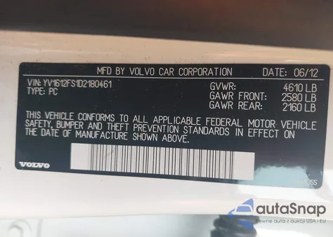 2013 Volvo S60 T5/T5 Platinum/T5 Premier/T5 Premier Plus z USA, uszkodzony, nr VIN YV1612FS1D2180461